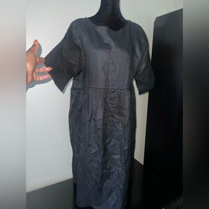 100% Linen Lagenlook A-line Black Brunch Casual Tea Midi- Dress Sz Small